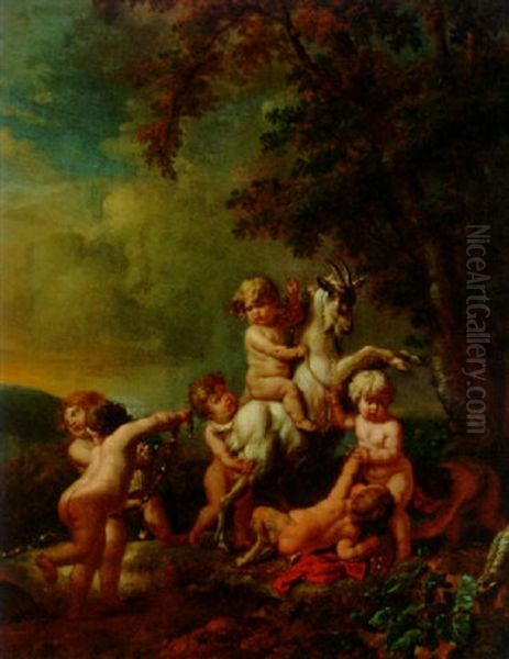 Putti And A Faun Cavorting With A Goat Oil Painting by Jan van Neck