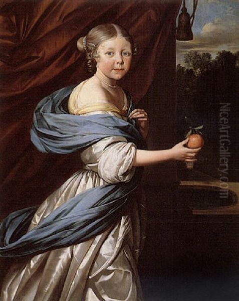 Portrait Of A Young Girl Holding An Orange, A Draped Curtain Behind Oil Painting by Jan van Neck