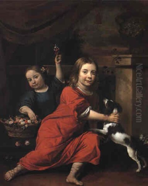 Portrait Of Children Seated At A Balustrade With A Spaniel And Flowers Oil Painting by Jan van Neck