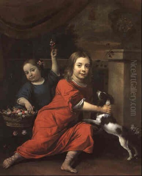 Portrait D'un Garcon Et D'une Jeune Fille, De Plein-pied,   Jouant Avec Un Chien Sur Une Terrasse Oil Painting by Jan van Neck