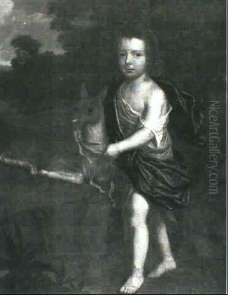 A Child In Classical Dress Tying A Bow Around A Fawn's Neck Oil Painting by Jan van Neck