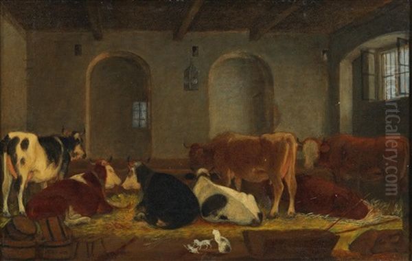 Cows And Cats In The Barn Oil Painting by Michael Neder