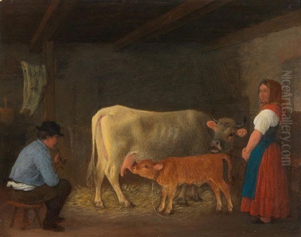 A Calf In A Stable With Farmers Oil Painting by Michael Neder