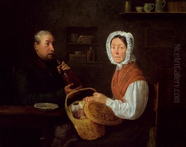 Mann Und Frau Mit Einkaufskorb Beim Tisch Oil Painting by Michael Neder