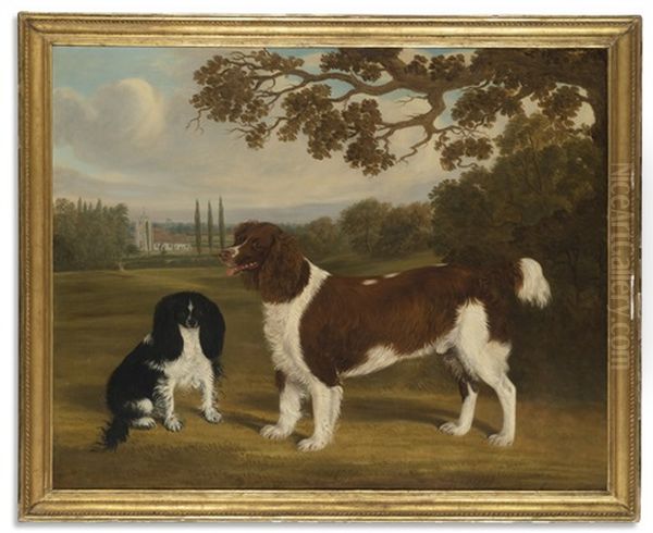 A Toy Spaniel And A Springer Spaniel In A Landscape, A Church In The Distance Oil Painting by William Nedham