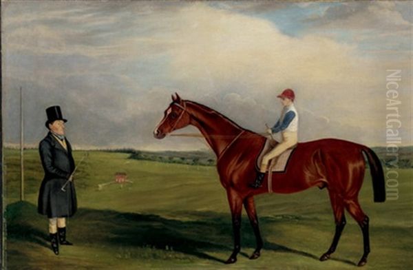 Arctic (?), A Bay Gelding, By Brutandorf, On The Old Racecourse At Blandford On 7th October 1841, Ridden By C. Percy, With His Trainer Oil Painting by William Nedham