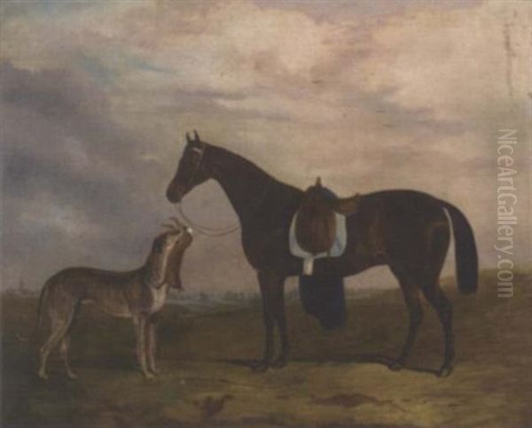 A Saddled Horse With A Greyhound And Hare In A Landscape Oil Painting by William Nedham