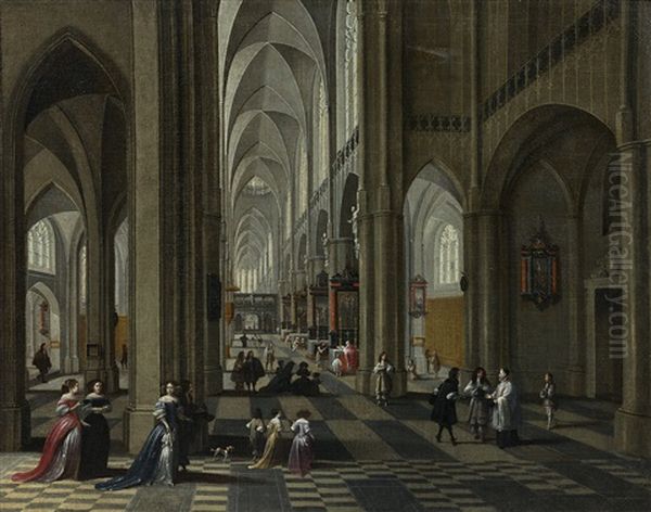 Vue De L'interieur De La Cathedrale D'anvers Anime De Personnages Oil Painting by Peeter Neeffs the Elder