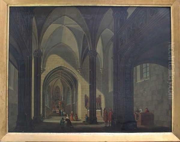 Interrior Of A Cathedral With Prayers And Visitors Oil Painting by Peeter Neeffs the Elder