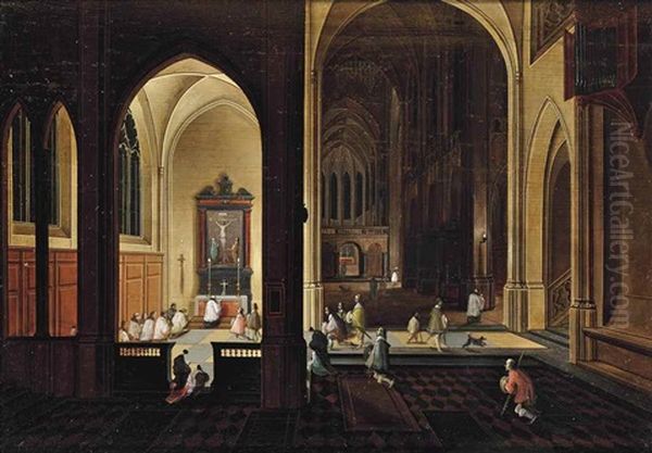 The Interior Of A Gothic Cathedral By Candlelight, With Elegant Company By A Side Altar Oil Painting by Peeter Neeffs the Elder