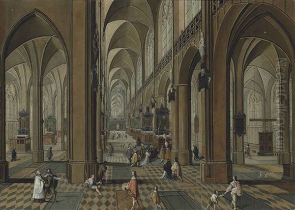 The Interior Of The Cathedral Of Our Lady, Antwerp, With Mass Being Celebrated On One Of The Altars, And Other Elegant Figures Conversing Oil Painting by Peeter Neeffs the Elder