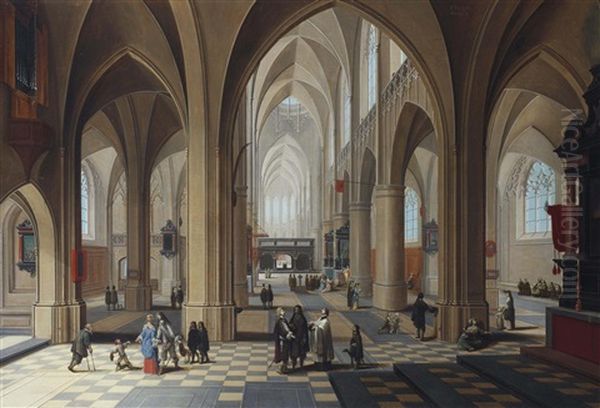 The Interior Of A Gothic Cathedral, With Elegant Figures Conversing And A Priest Taking Mass Oil Painting by Peeter Neeffs the Elder