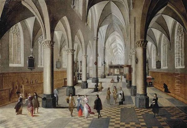 The Interior Of A Gothic Church With Elegant Figures Strolling And Conversing Oil Painting by Peeter Neeffs the Elder