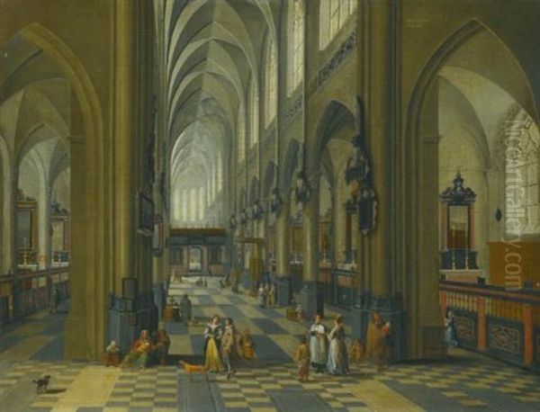 Interior Of A Gothic Cathedral With Figures Promenading In The Aisle Oil Painting by Peeter Neeffs the Elder