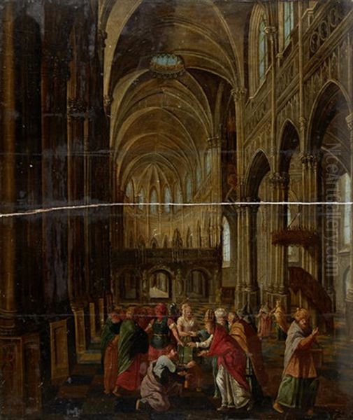 Figures Within A Cathedral Interior Oil Painting by Peeter Neeffs the Elder