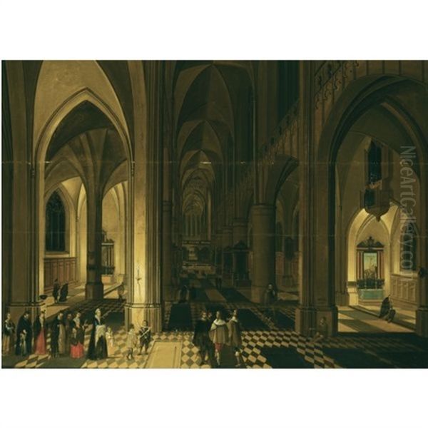 Church Interior Of The Antwerp Cathedral At Night, With Figures In A Procession To The Left Oil Painting by Peeter Neeffs the Elder