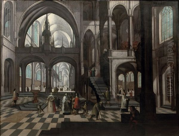 The Interior Of A Gothic Church With Elegant Figures Conversing Oil Painting by Peeter Neeffs the Elder