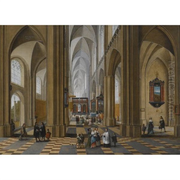 The Interior Of A Gothic Cathedral With Elegant Figures Strolling And Others Attending A Mass Oil Painting by Peeter Neeffs the Elder