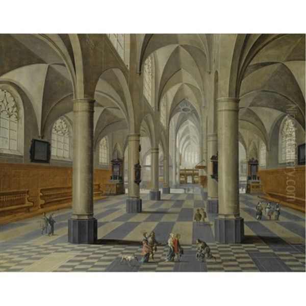 The Interior Of A Cathedral With An Elegant Company Being Greeted By Another Gentleman Oil Painting by Peeter Neeffs the Elder