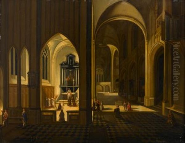 A Church Interior At Night With A Priest Saying Mass Oil Painting by Peeter Neeffs the Elder