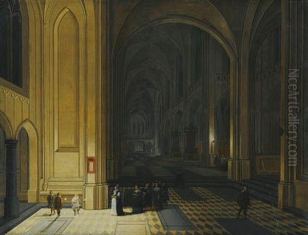 Vue Interieure D'une Eglise La Nuit, Avec Un Groupe De Religieuses Au Premier Plan Oil Painting by Peeter Neeffs the Elder