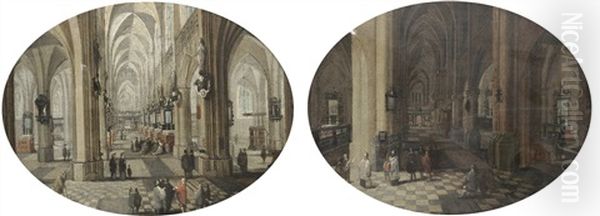 The Interior Of Antwerp Cathedral By Day (+ The Interior Of Antwerp Cathedral By Night; Pair) Oil Painting by Peeter Neeffs the Elder