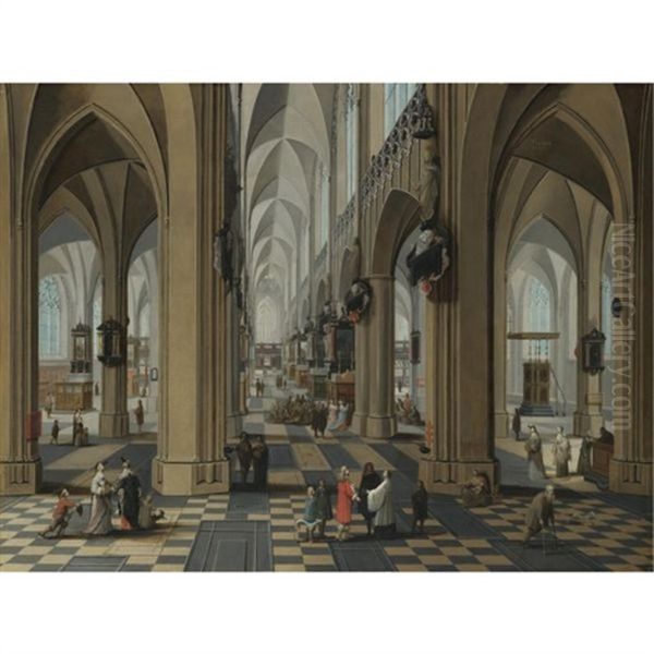 A Church Interior With Elegant Figures Strolling And Figures Attending Mass Oil Painting by Peeter Neeffs the Elder