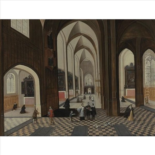 Interior Of A Gothic Cathedral With Figures And Dogs Oil Painting by Peeter Neeffs the Elder