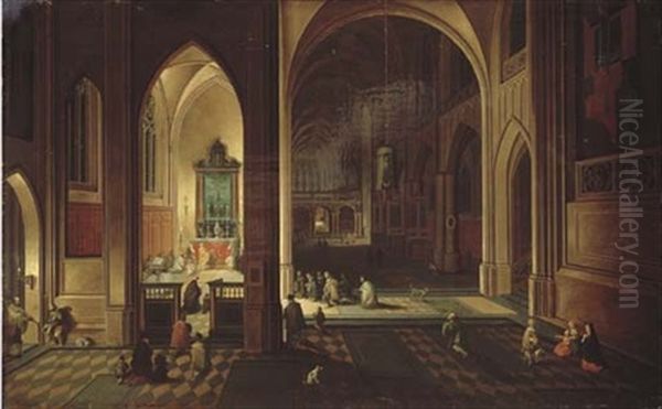 The Interior Of A Gothic Cathedral With Evening Mass Oil Painting by Peeter Neeffs the Elder