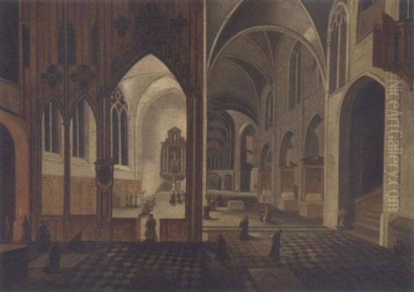 Figures Worshipping In A Cathedral Oil Painting by Peeter Neeffs the Elder