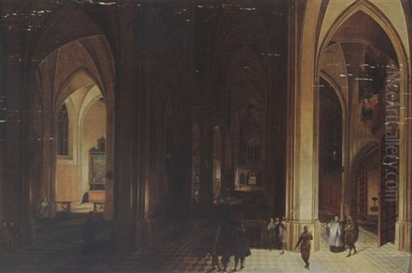 A Church Interior By Night With A Priest And Other Figures By Torchlight Oil Painting by Peeter Neeffs the Elder