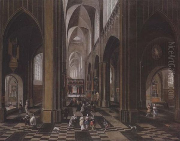 A Church Interior With Figures And Dogs by Peeter Neeffs the Elder