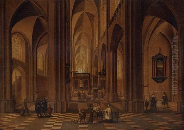 The Interior Of A Cathedral With Elegant Company, A Service In Progress In A Side Altar Oil Painting by Peeter Neeffs the Elder