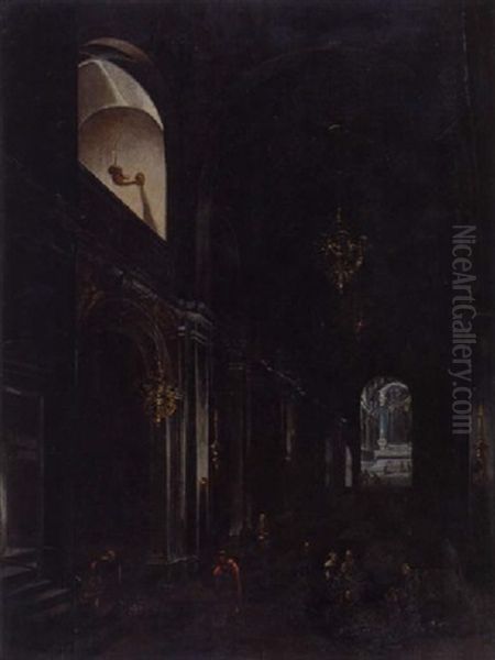 Kircheninterieur: Blick In Das Mittelschiff Einer Barockkirche In Glaubige Stehen Oil Painting by Peeter Neeffs the Elder