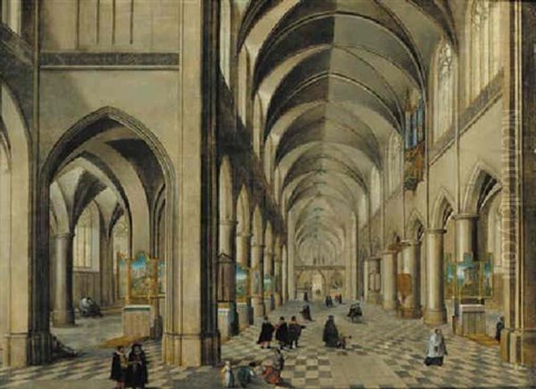 The Interior Of A Gothic Cathedral With Elegant Company And Other Figures Oil Painting by Peeter Neeffs the Elder