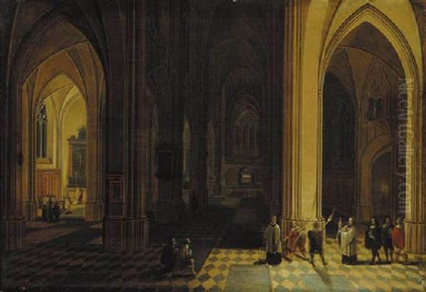 The Interior Of A Gothic Cathedral At Night With A Procession In The Foreground Oil Painting by Peeter Neeffs the Elder