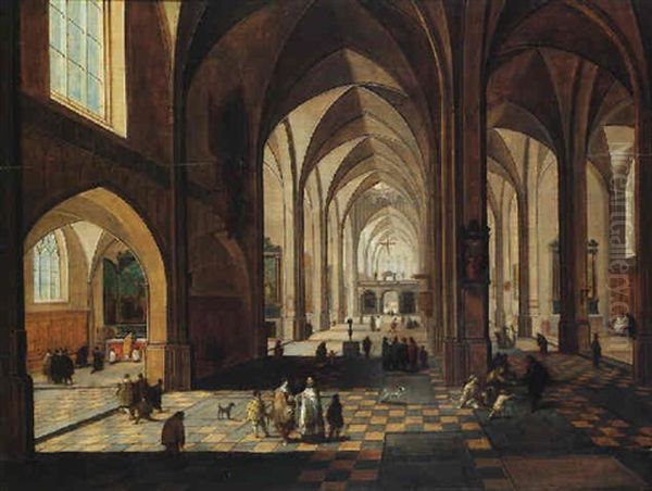 Interior Of A Gothic Cathedral With Figures Conversing, Dogs And Beggars, And A Priest Conducting Mass In A Side Chapel Oil Painting by Peeter Neeffs the Elder