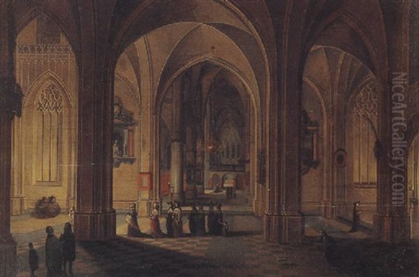 The Interior Of A Gothic Church With A Candlelit Procession Oil Painting by Peeter Neeffs the Elder