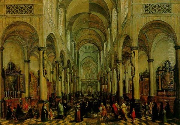 A Church Interior With Many Figures Oil Painting by Peeter Neeffs the Elder