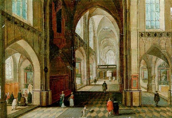 The Interior Of A Cathedral Looking East With Elegant Company, A Mass Being Performed In A Side Chapel Oil Painting by Peeter Neeffs the Elder