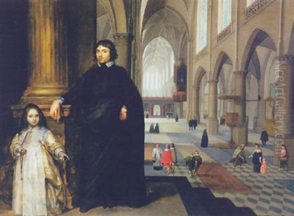 Portrait Of A Cleric Dressed In A Black Habit And A Young Girl (his Sister?) Standing Beside A Pillar In The Nave Of A Cathedral Oil Painting by Peeter Neeffs the Elder