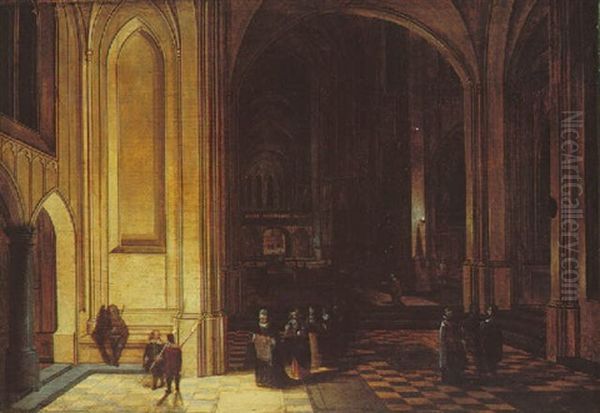 Interior Of A Cathedral At Night With Numerous Figures Conversing Oil Painting by Peeter Neeffs the Elder