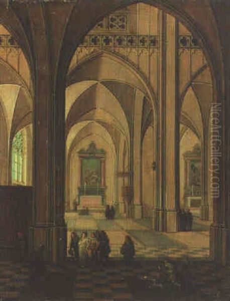 The Transept Of A Gothic Cathedral With Worshippers And Beggars Oil Painting by Peeter Neeffs the Elder