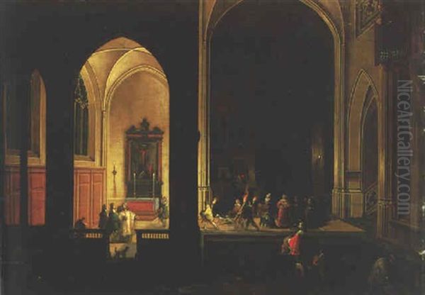 A Family Proceeding To A Baptism In A Candlelit Chapel Oil Painting by Peeter Neeffs the Elder