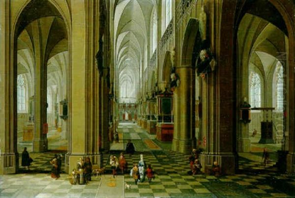 The Interior Of A Gothic Cathedral With Townfolk And Pilgrims Oil Painting by Peeter Neeffs the Elder