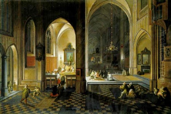 A Church At Night With A Priest Celebrating Mass In A Side Chapel Oil Painting by Peeter Neeffs the Elder