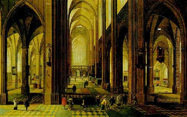 The Interior Of A Gothic Cathedral With Figures Oil Painting by Peeter Neeffs the Elder