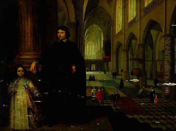 Portrait Of A Cleric Dressed In Black Habit, And A Young Girl Standing Beside A Pillar In The Nave Of A Cathedral Oil Painting by Peeter Neeffs the Elder