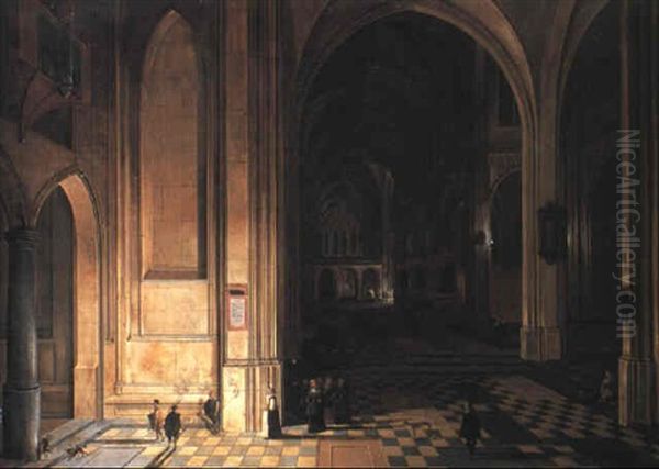 Interior Of A Cathedral Looking East With A Procession Of Gentlefolk Oil Painting by Peeter Neeffs the Elder