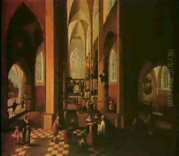 A Gothic Church Interior Oil Painting by Peeter Neeffs the Elder